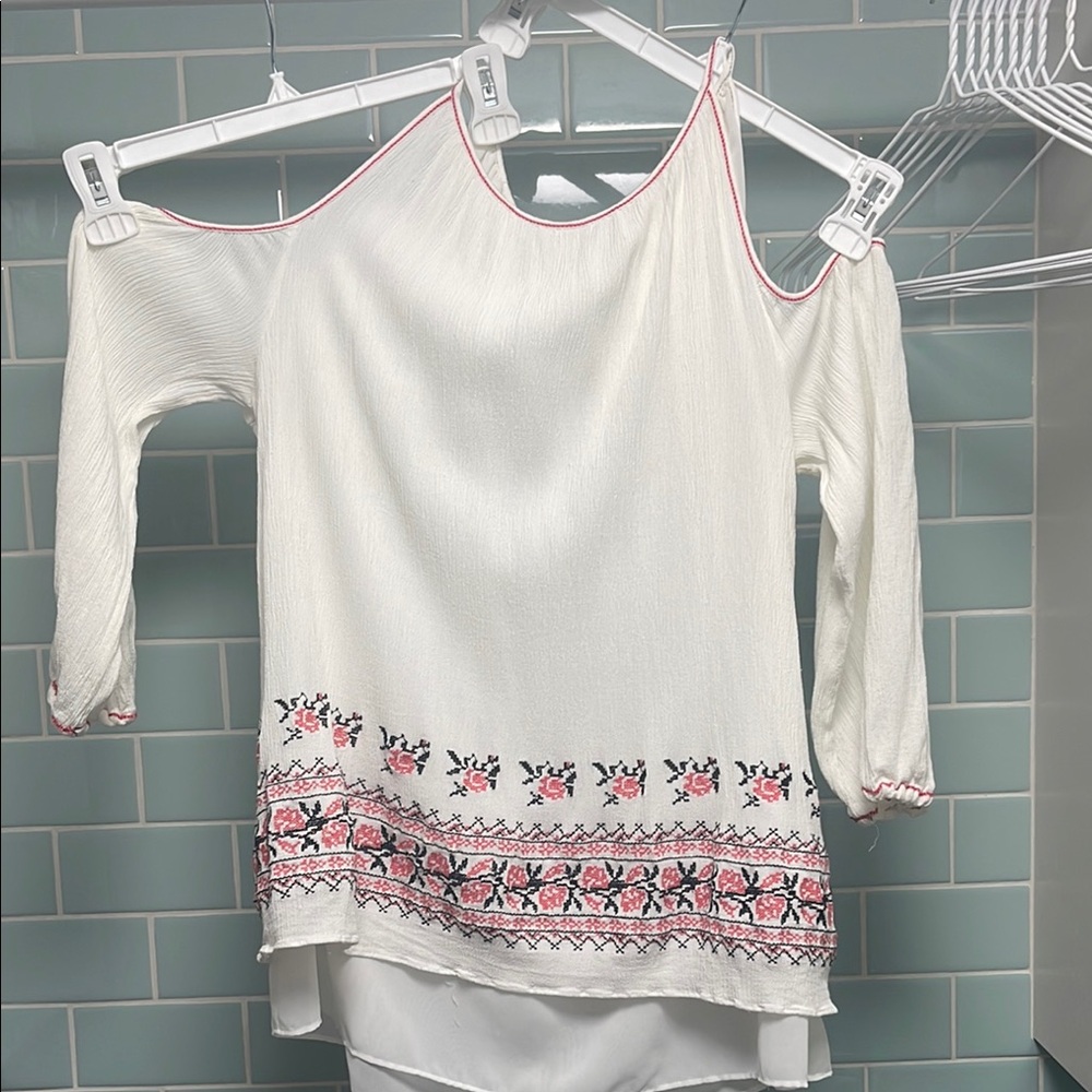 White Cold Shoulder Top with Pink Embroidery. Large